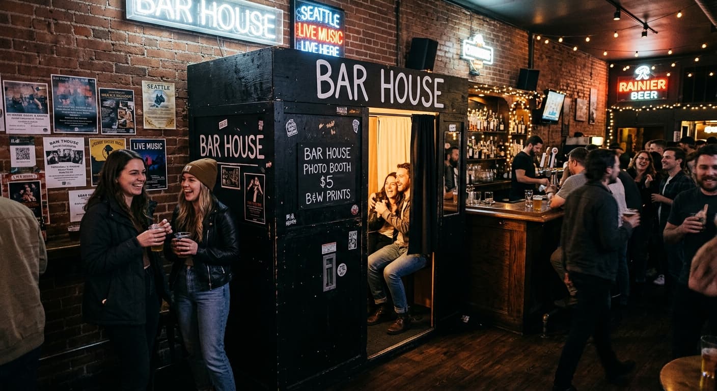 Bar House - Classic analog photo booth in Seattle, United States. Vintage photochemical booth for instant photo strips.