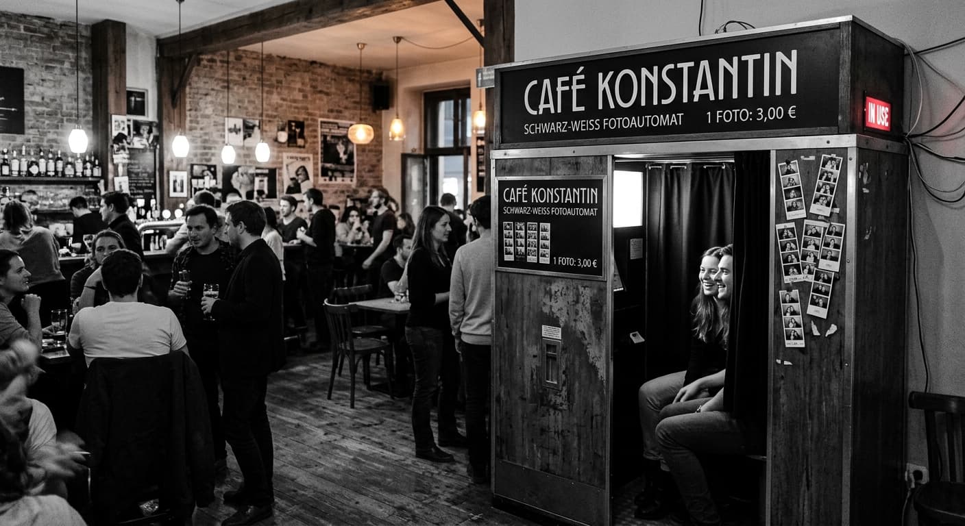 Café Konstantin - Classic analog photo booth in Wien, Austria. Vintage photochemical booth for instant photo strips.