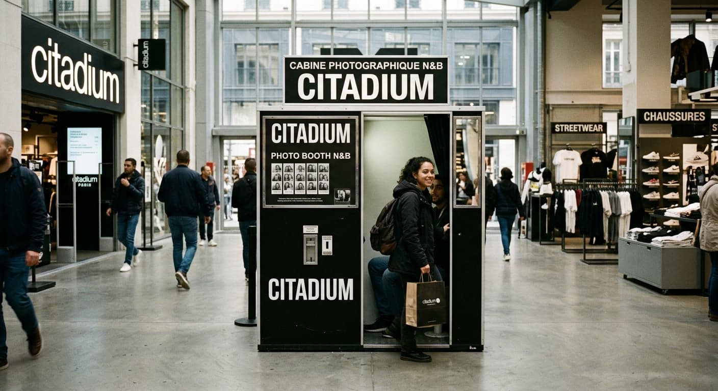 Citadium - Classic analog photo booth in Paris, France. Vintage photochemical booth for instant photo strips.