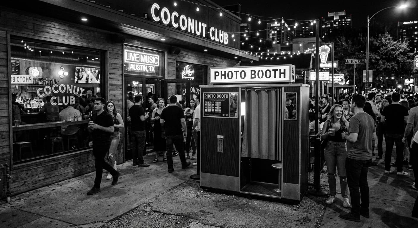 Coconut Club - Classic analog photo booth in Austin, United States. Vintage photochemical booth for instant photo strips.