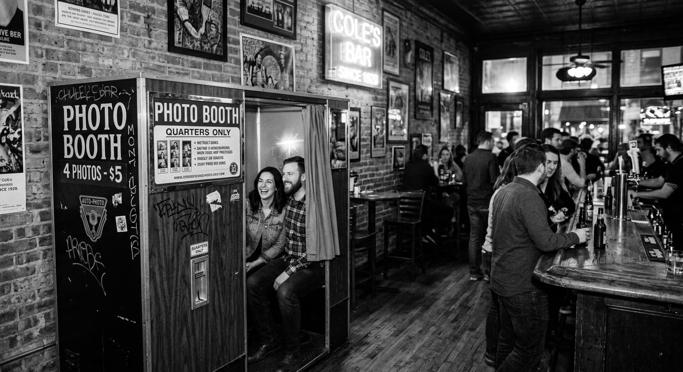 Cole’s Bar - Classic analog photo booth in Chicago, United States. Vintage photochemical booth for instant photo strips.