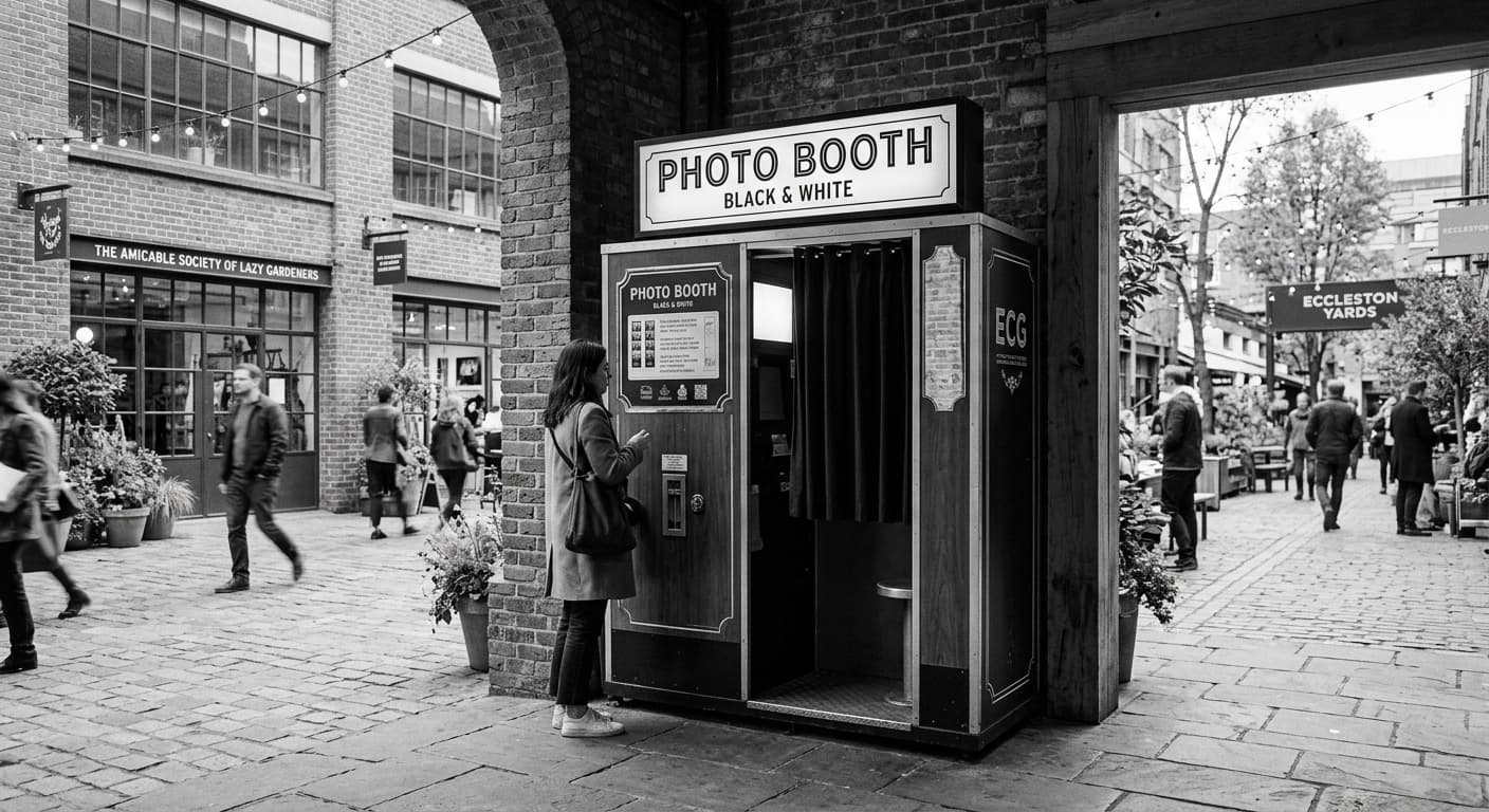 Eccleston Yards - Classic analog photo booth in London, United Kingdom. Vintage photochemical booth for instant photo strips.