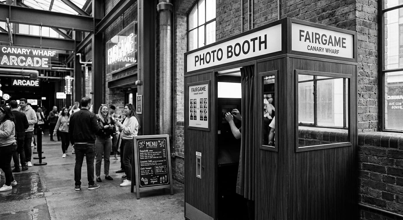 Fairgame Canary Wharf - Classic analog photo booth in London, United Kingdom. Vintage photochemical booth for instant photo strips.