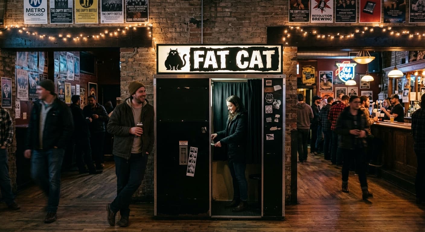 Fat Cat - Classic analog photo booth in Chicago, United States. Vintage photochemical booth for instant photo strips.