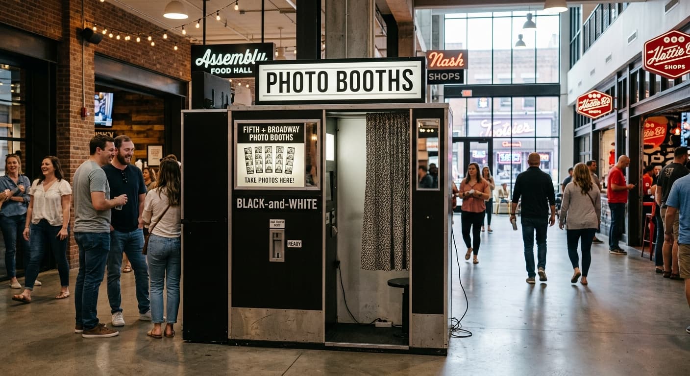 Fifth + Broadway Photo Booths - Classic analog photo booth in Nashville, United States. Vintage photochemical booth for instant photo strips.
