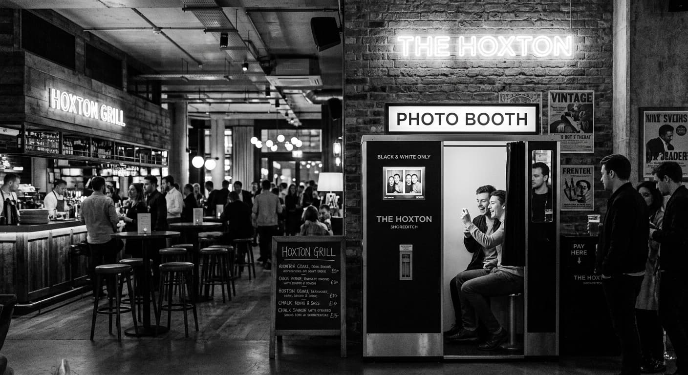 Hoxton Hotel Shoreditch - Classic analog photo booth in London, United Kingdom. Vintage photochemical booth for instant photo strips.