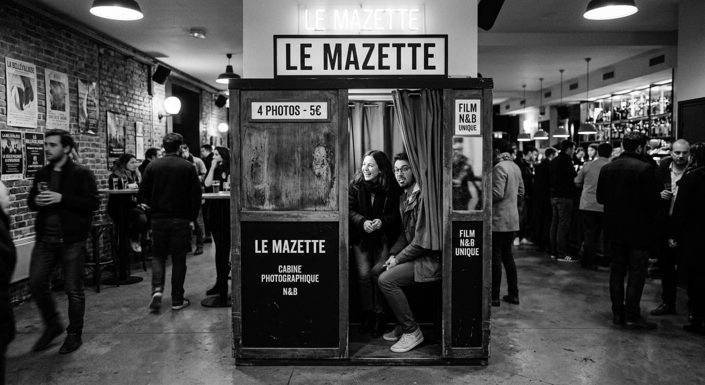 Le Mazette - Classic analog photo booth in Paris, France. Vintage photochemical booth for instant photo strips.