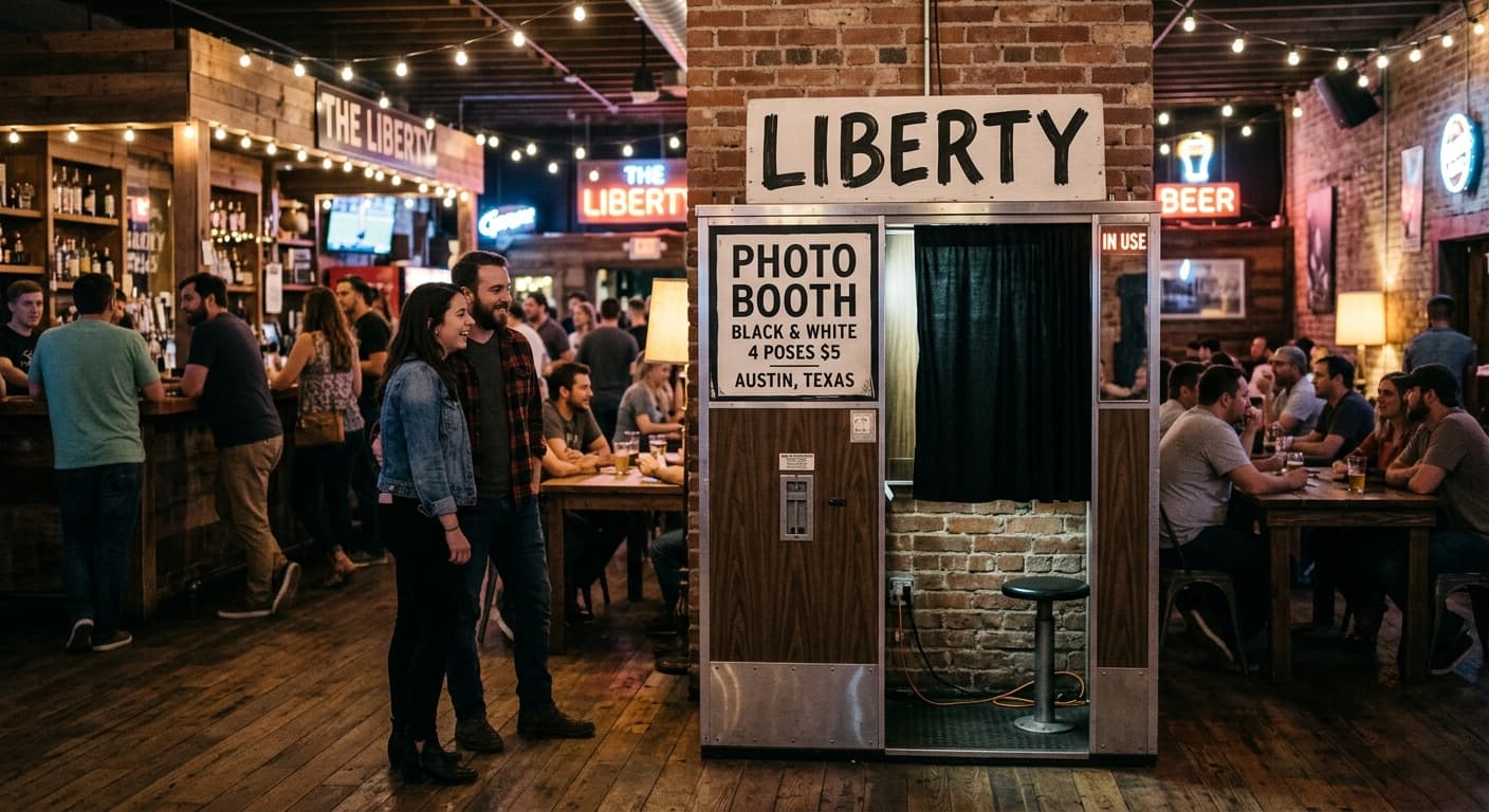 Liberty - Classic analog photo booth in Austin, United States. Vintage photochemical booth for instant photo strips.