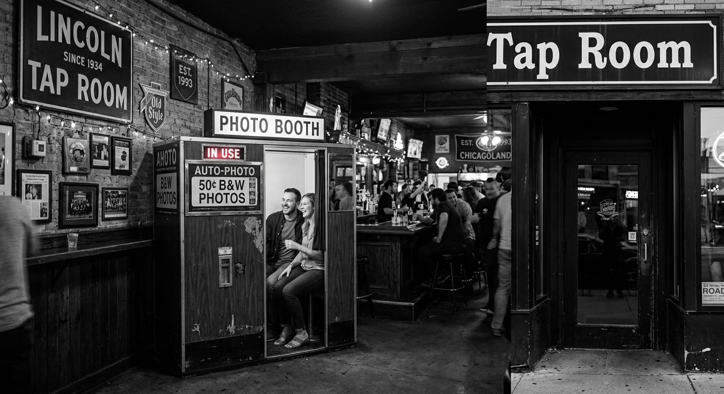 Lincoln Tap Room - Classic analog photo booth in Chicago, United States. Vintage photochemical booth for instant photo strips.