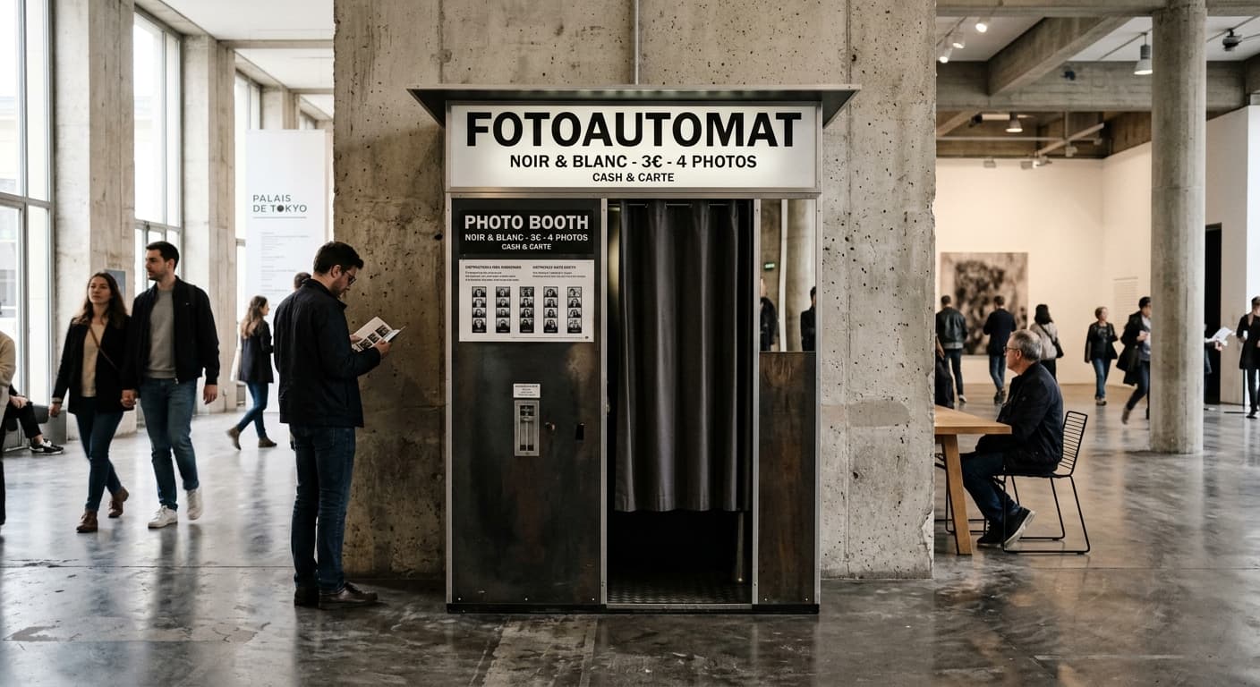 Palais de Tokyo Photo Booth: Find It & More (2026) - Classic analog photo booth in Paris, France. Vintage photochemical booth for instant photo strips.