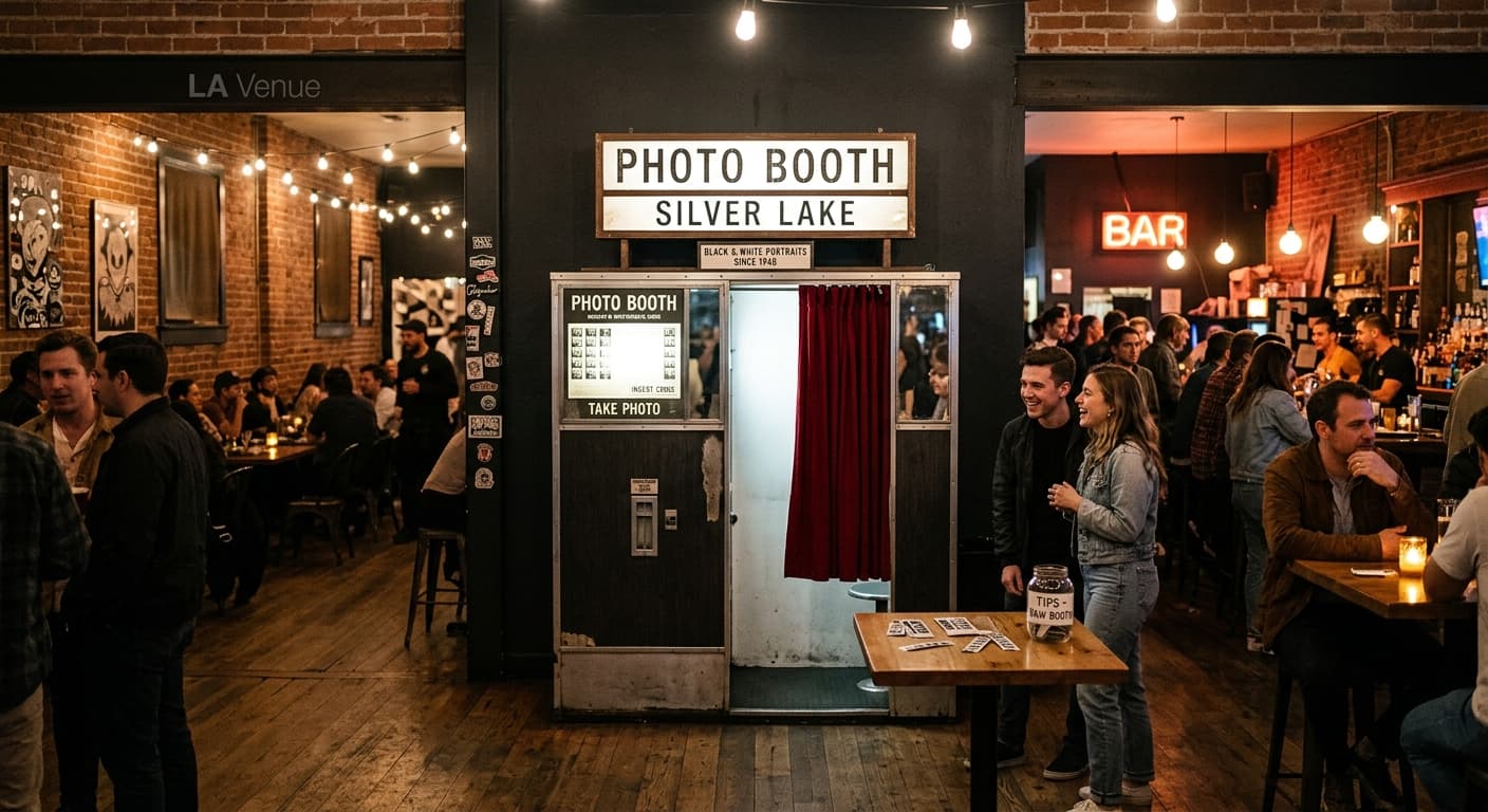 Photo Booth Museum Silver Lake - Classic analog photo booth in Los Angeles, United States. Vintage photochemical booth for instant photo strips.