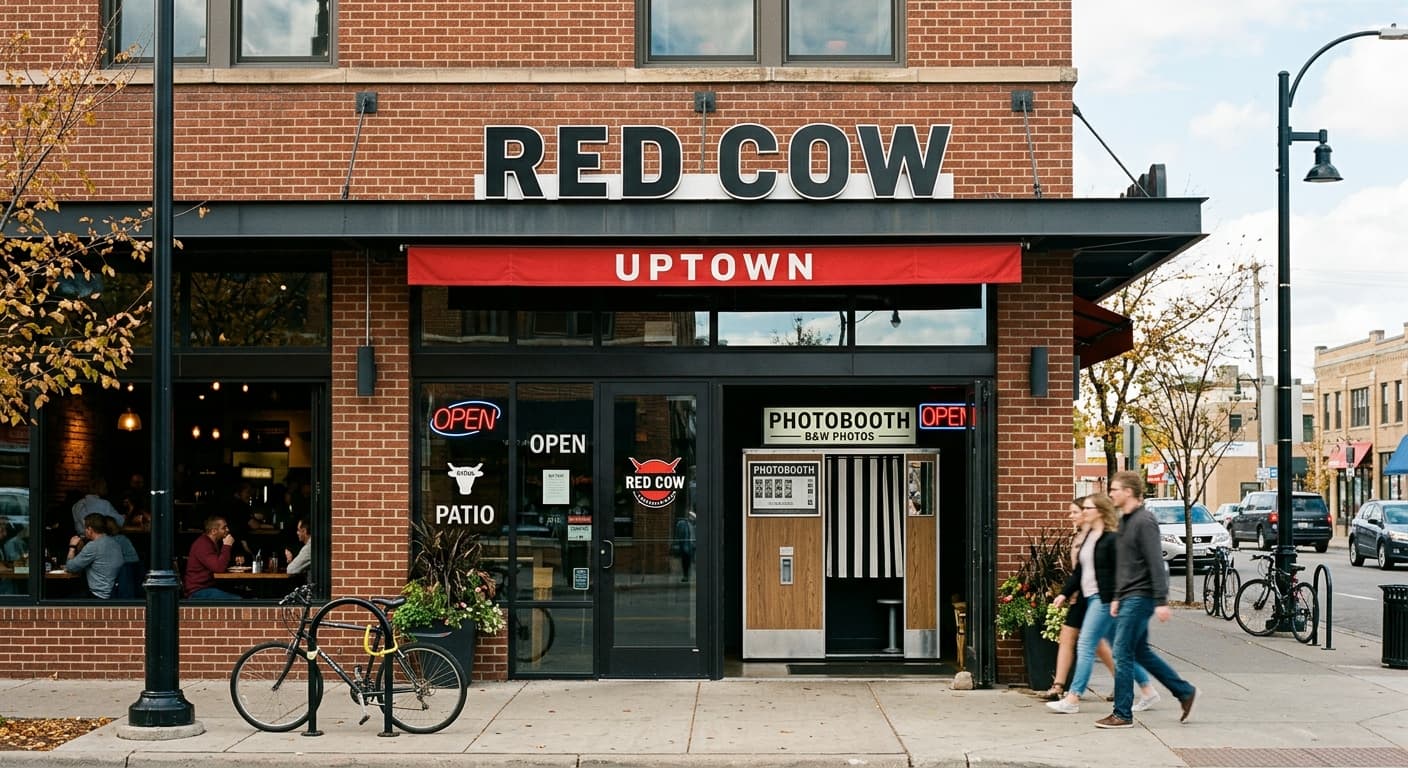 Red Cow Uptown - Classic analog photo booth in Minneapolis, United States. Vintage photochemical booth for instant photo strips.