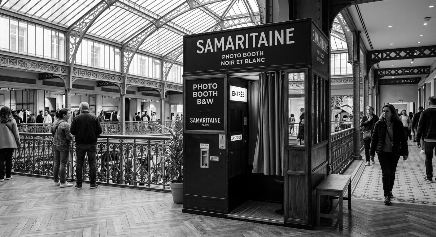 Samaritaine - Classic analog photo booth in Paris, France. Vintage photochemical booth for instant photo strips.