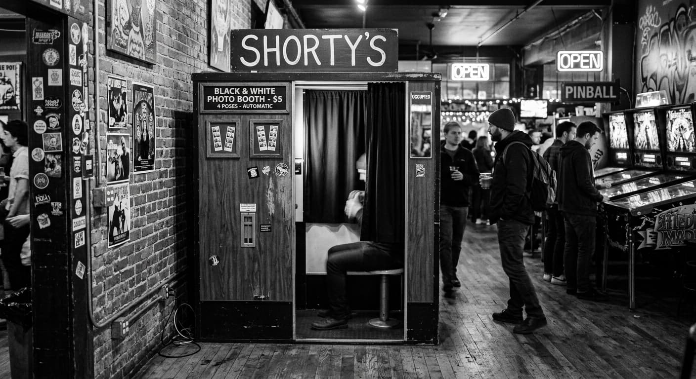 Shortys - Classic analog photo booth in Seattle, United States. Vintage photochemical booth for instant photo strips.