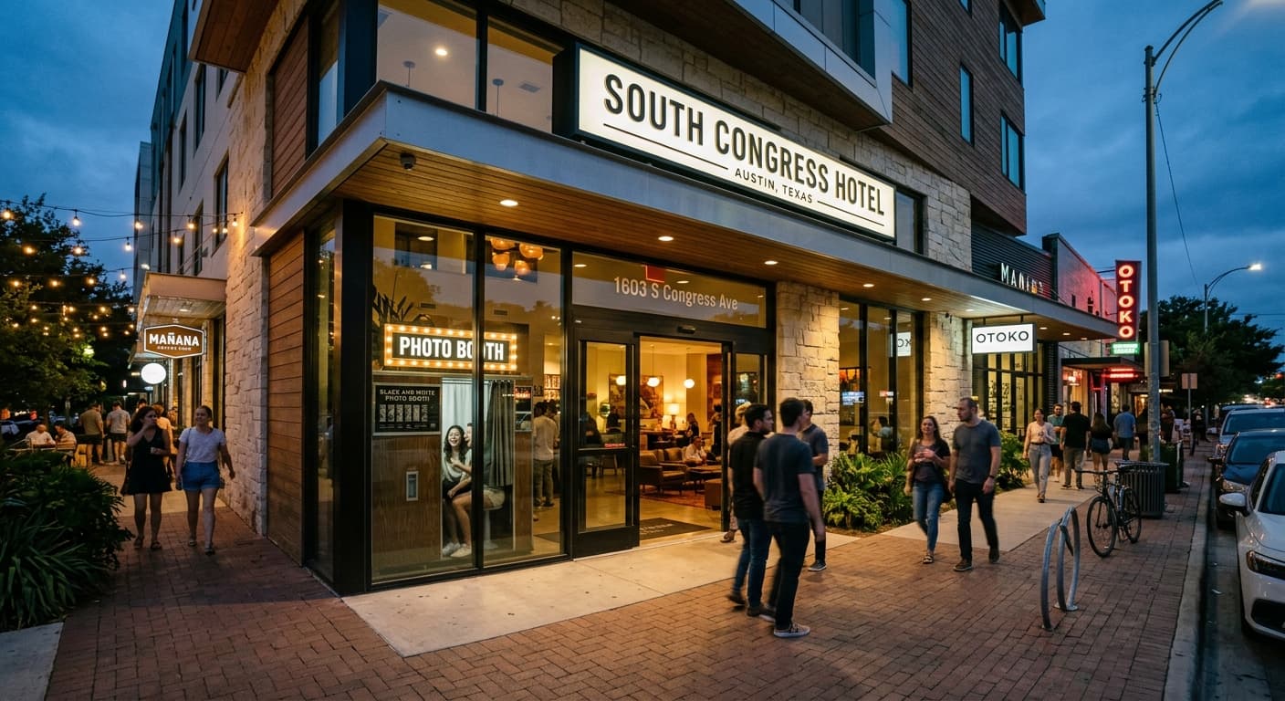 South Congress Hotel Lobby - Classic analog photo booth in Austin, United States. Vintage photochemical booth for instant photo strips.