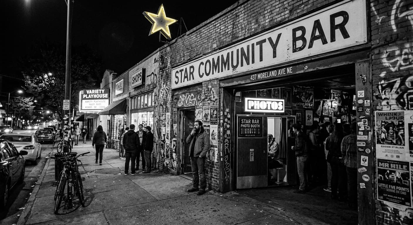 Star Bar Little Five Points - Classic analog photo booth in Atlanta, United States. Vintage photochemical booth for instant photo strips.