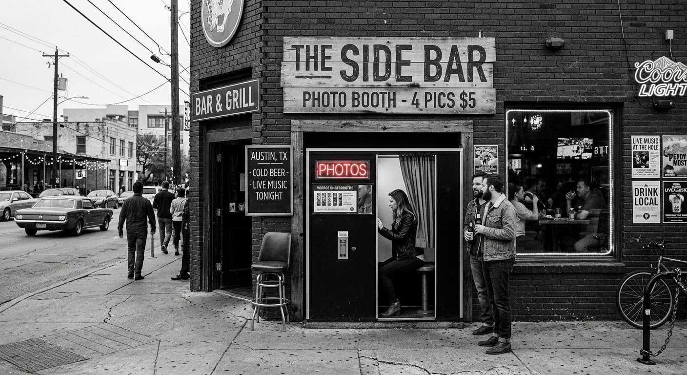 The Side Bar - Classic analog photo booth in Austin, United States. Vintage photochemical booth for instant photo strips.