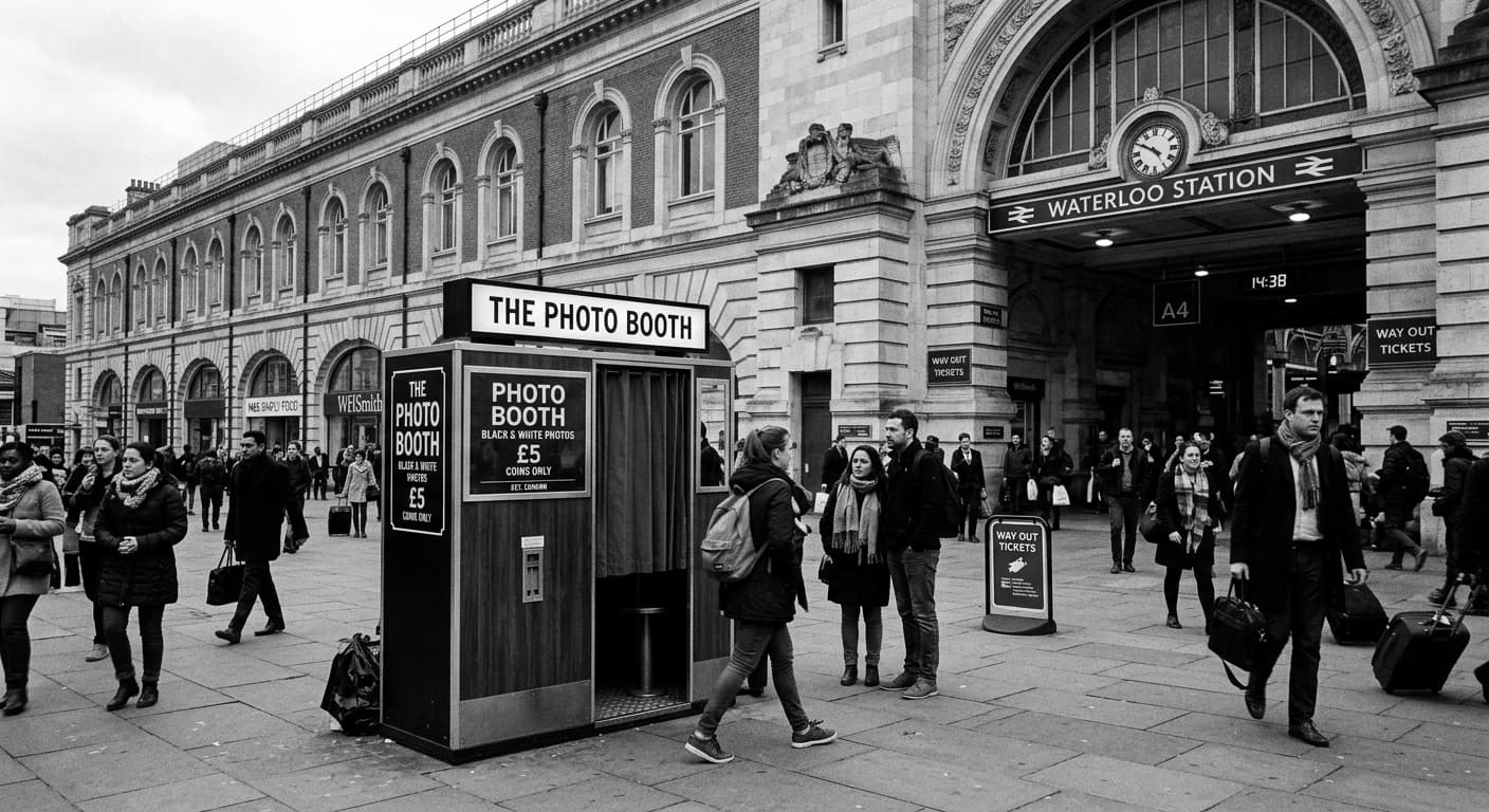 Waterloo Station - Classic analog photo booth in London, United Kingdom. Vintage photochemical booth for instant photo strips.